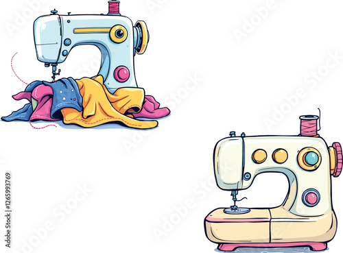 Two sewing machines stitching colorful fabrics and sewing tools for dressmaking