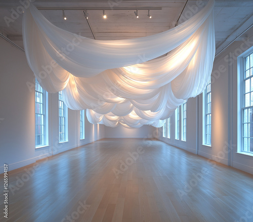 White, draped fabric hangs from the ceiling in an art gallery