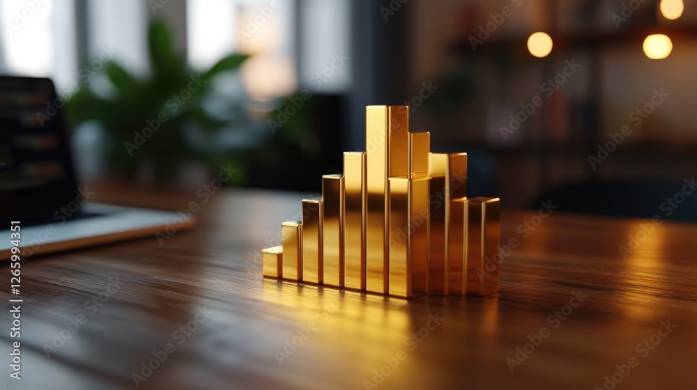 Obraz premium Golden bar graph on wooden desk, showing upward trend. Laptop and blurred background.