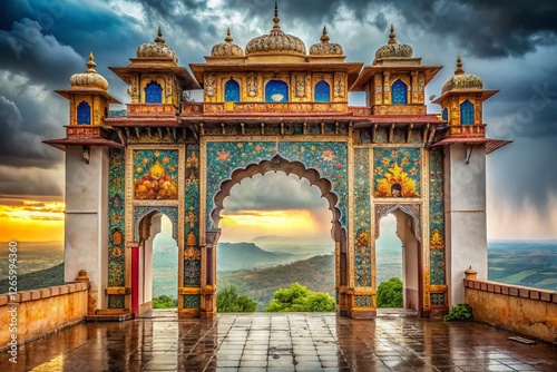 Monsoon Palace Gate: Intricate Artwork & Monsoon Rains photo