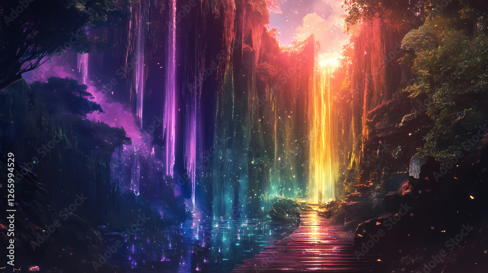 Fototapeta premium An ethereal reflection: exploring the vivid realms of imagination through color and light. Mirror Realm Explorers. Illustration