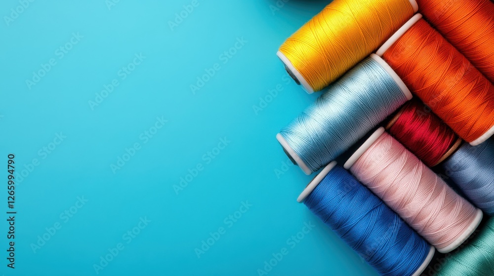 An arrangement of vibrant spools of thread in various colors on a blue background, highlighting creativity, craftsmanship, and the art of sewing or textile design. An arrangement of vibrant spools of thread in various colors on a blue background, highlighting creativity, craftsmanship, and the art of sewing or textile design.