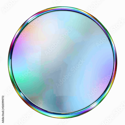Illustration art of circular iridescent mirror with shifting rainbow colors, a versatile option for beauty or fashion content.