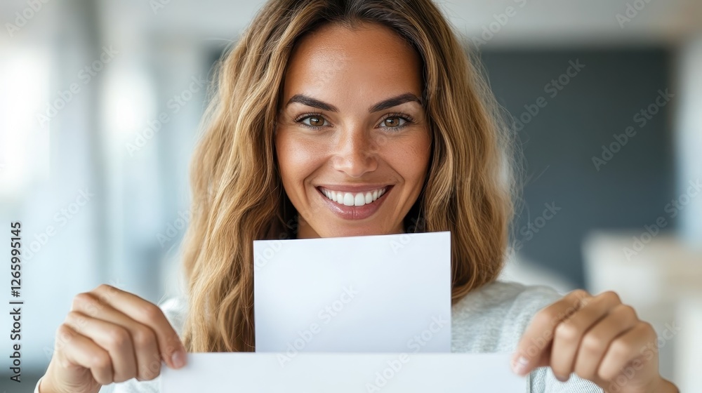 A cheerful woman with beautiful hair smiles brightly while holding a blank sheet of paper, ready to share her creativity or news with the world around her. A cheerful woman with beautiful hair smiles brightly while holding a blank sheet of paper, ready to share her creativity or news with the world around her.