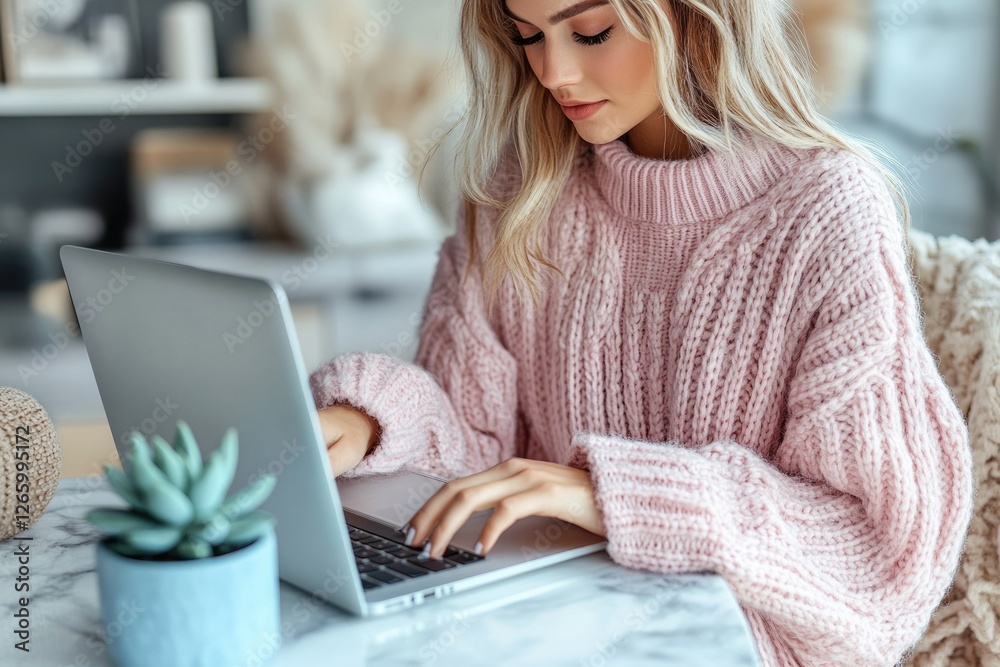 Young woman in a pink sweater works on her laptop from home, enjoying a cozy atmosphere. Young woman in a pink sweater works on her laptop from home, enjoying a cozy atmosphere.