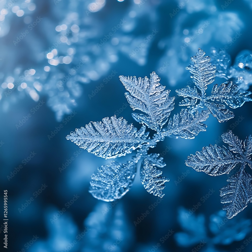 Frosted Delicate Leaves with Intricate Patterns and Blue Background Frosted Delicate Leaves with Intricate Patterns and Blue Background