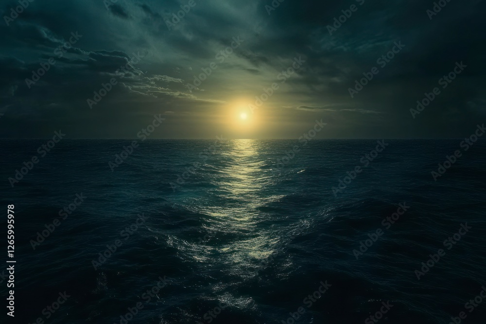 Fototapeta premium dark ocean with the sun setting on one side, casting long shadows across its surface.