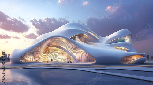 3d render of abstract art architecture building in futuristic modern organic curve and wavy lines formas based on glass and white glossy plastic materials with palm trees and skyscrapers on the back