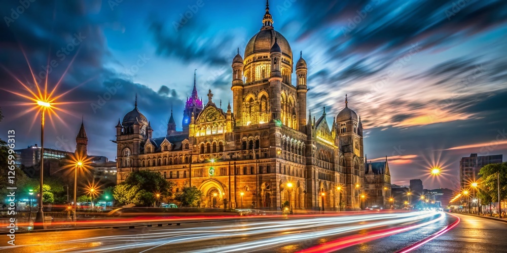 Fototapeta premium Mumbai Municipal Corporation Head Office at CST Station - Long Exposure Night Photography, Maharashtra, India