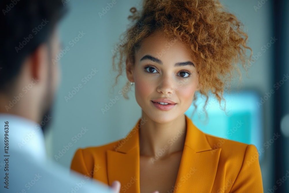 Confident young businesswoman in a yellow blazer engages in a professional conversation. Confident young businesswoman in a yellow blazer engages in a professional conversation.