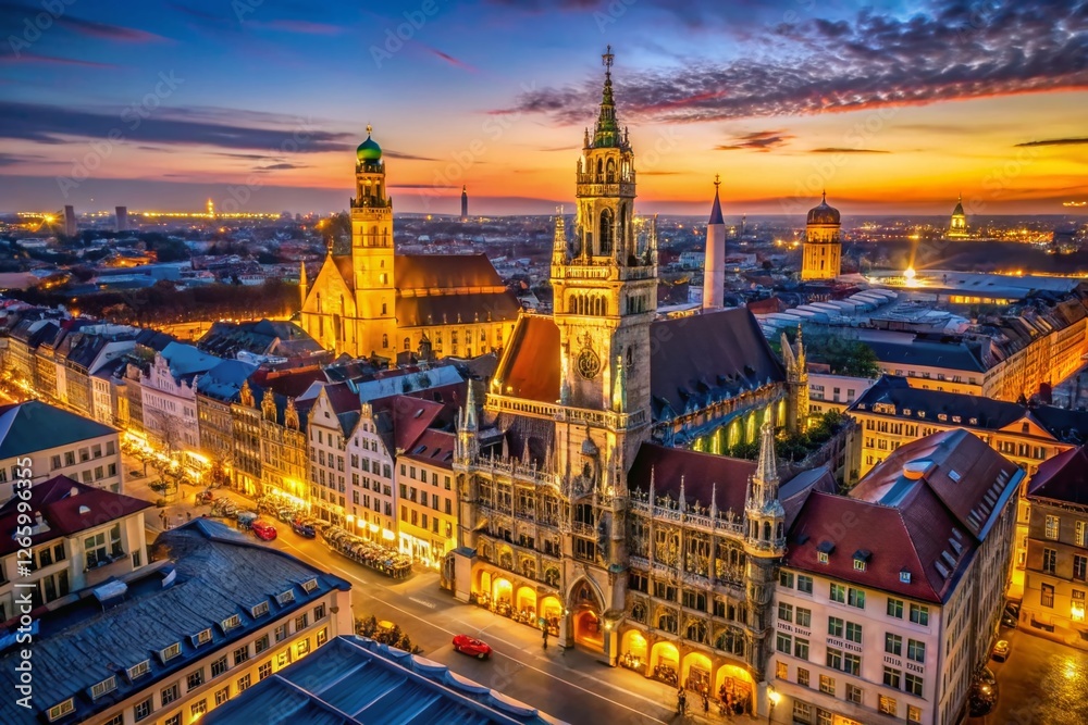 Obraz premium Munich Marienplatz Aerial View: Springtime New Town Hall & Frauenkirche at Dusk