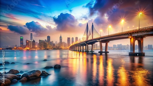 Mumbai Skyline Double Exposure: Bandra-Worli Sea Link & Mahim Bay Panorama photo