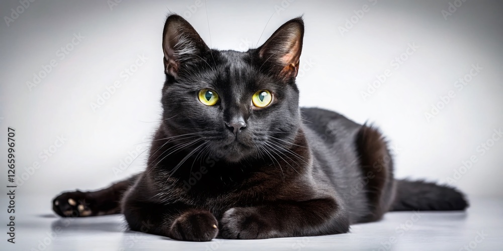 Mysterious Black Cat Lying Down, Isolated on White Background - Stock Photo