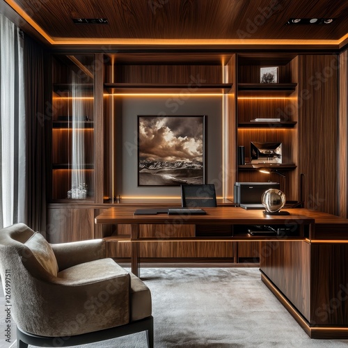 Elegant home office showcasing wooden desk and built ins