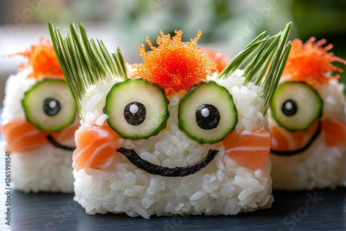 Creative sushi dish prepared with rice, salmon, cucumber, tobiko and nori seaweed, shaped like a funny monster face photo