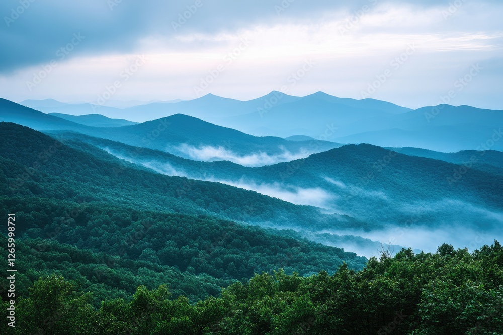 Misty blue mountains stretching to the horizon, showcasing nature's serene beauty. Misty blue mountains stretching to the horizon, showcasing nature's serene beauty.