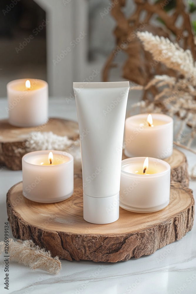 Moisturizing cream in a compact tube stands on a wooden stand with scented candles Moisturizing cream in a compact tube stands on a wooden stand with scented candles