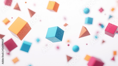 Colorful geometric shapes floating in abstract space