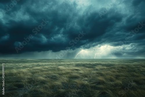 A dramatic landscape featuring a stormy sky with lightning striking over a vast grassy field. photo