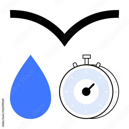 Blue water drop, minimalist stopwatch, and bold black curve combining themes of speed, precision, fluidity, and time management. Ideal for energy, nature, sustainability time efficiency