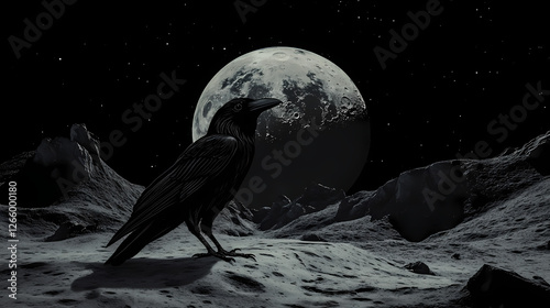 Mysterious raven perches on the lunar surface, surrounded by craters and mountains, under the glow of a full earth rising in the black sky. Midnight Alchemy Rituals. Illustration photo