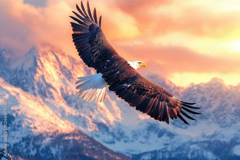 Fototapeta premium Majestic bald eagle in flight over snow-capped mountains during a vibrant sunset.