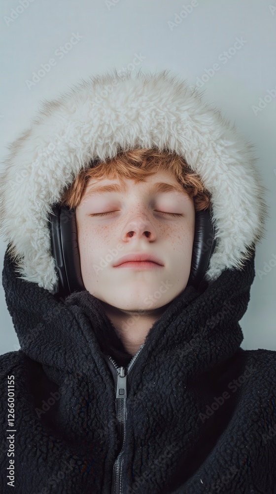 Relaxed Teen with Headphones and Fur Hooded Jacket in Calm Setting Relaxed Teen with Headphones and Fur Hooded Jacket in Calm Setting