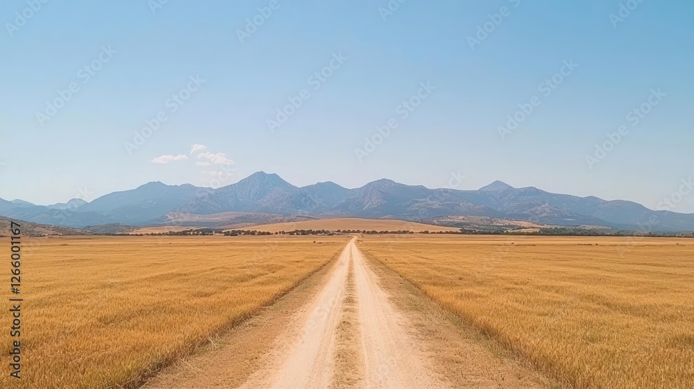Dirt Road Through Dry Grass Field Leading To Distant Mountains Dirt Road Through Dry Grass Field Leading To Distant Mountains