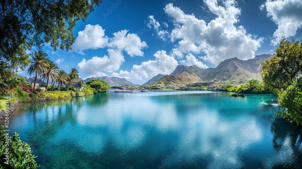 Naklejka premium Tropical harbor reflecting lush mountains, calm waters, and clouds