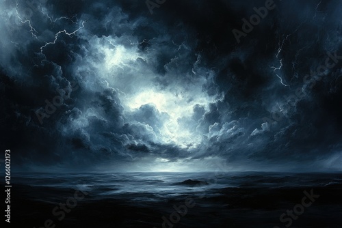 A dramatic seascape under a stormy sky, lightning illuminates the dark clouds above a turbulent ocean.