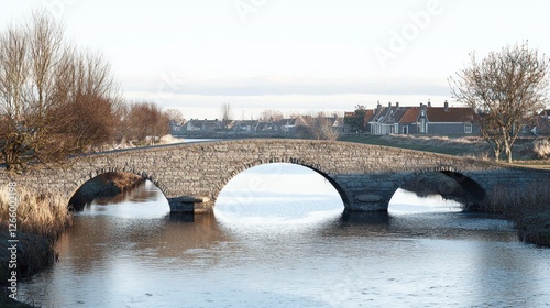 Aged stone arched bridge over canal, Dutch village in background, tranquil winter scene photo