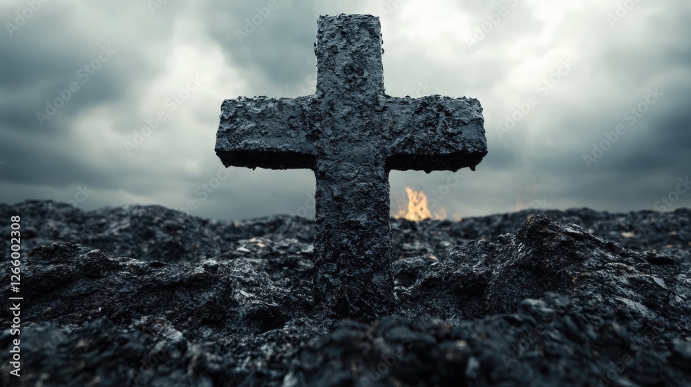 Cross made of dark stone on rocky ground Cross made of dark stone on rocky ground
