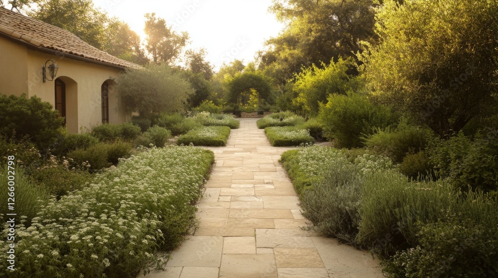 Sunny garden path through landscaped beds Sunny garden path through landscaped beds