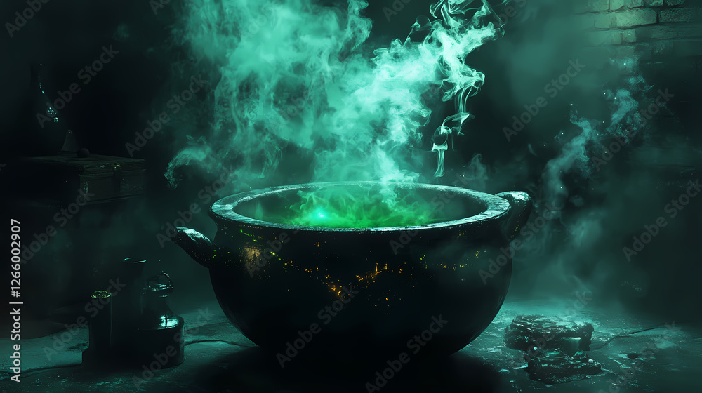 A black witch s cauldron, bubbling over with green smoke and mysterious potions. Midnight Alchemy Rituals. Illustration A black witch s cauldron, bubbling over with green smoke and mysterious potions. Midnight Alchemy Rituals. Illustration