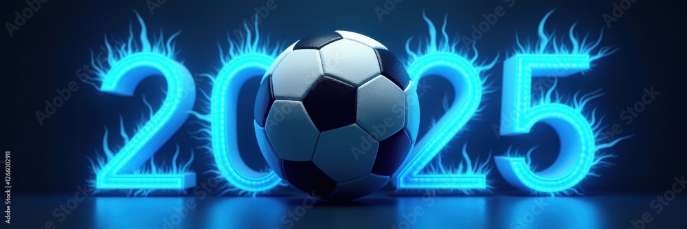 Naklejka premium A vibrant soccer-themed design featuring a glowing ball and the year 2025, perfect for sports promotions, events, and tournaments.