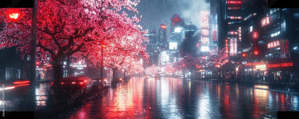 Vibrant night cherry blossom view urban cityscape digital art rainy environment futuristic concept Vibrant night cherry blossom view urban cityscape digital art rainy environment futuristic concept
