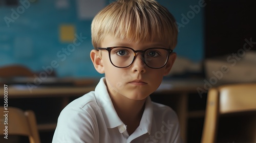 A young blonde boy with glasses sits in a classroom looking anxious and uneasy, possibly dealing with learning difficulties or social discomfort. photo