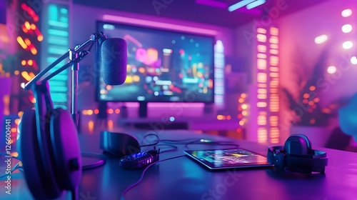Modern gaming studio microphone headphones tablet pictures