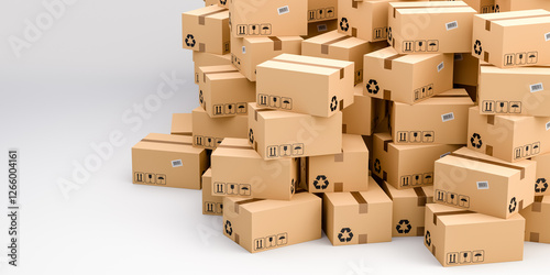 Cardboard boxes on white background with empty copy space on left side, logistics and delivery concept. 3D Rendering