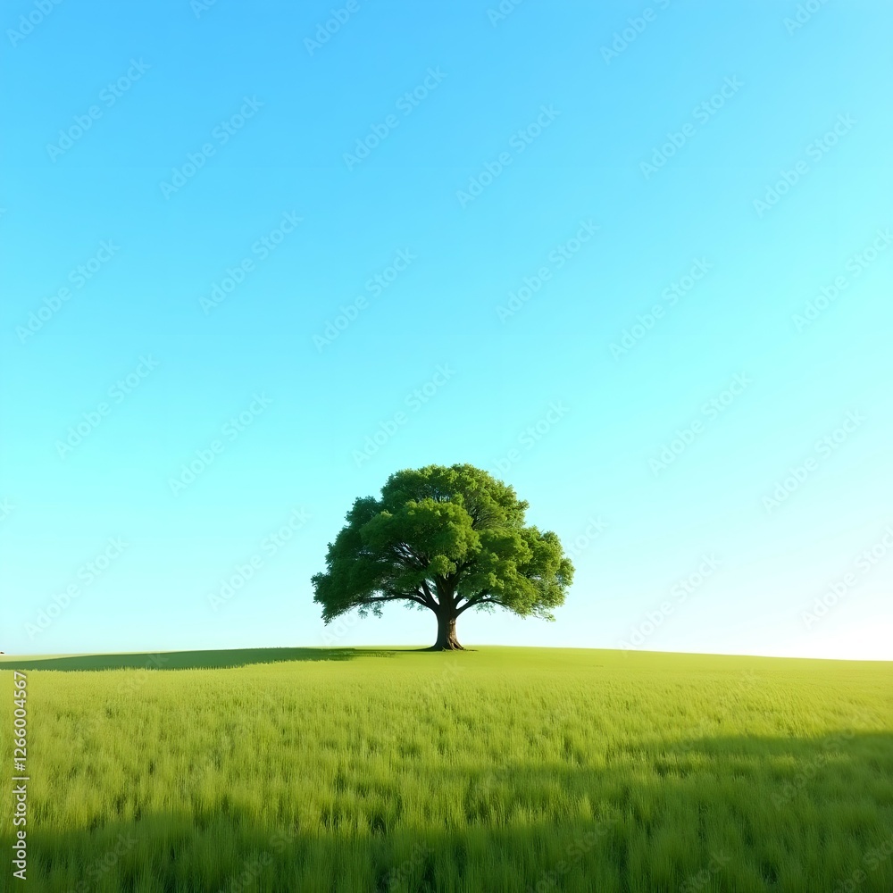 Serene landscape photograph of solitary oak tree in expansive open field under clear blue sky with lush green grass and natural midday lighting Serene landscape photograph of solitary oak tree in expansive open field under clear blue sky with lush green grass and natural midday lighting