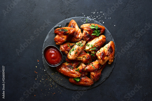 Grilled spicy chicken wings with ketchup  . Top view with copy space.
