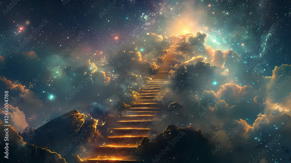 Epic celestial panorama: a drone's-eye view reveals a luminous stairway to heaven. Celestial Staircases. Illustration Epic celestial panorama: a drone's-eye view reveals a luminous stairway to heaven. Celestial Staircases. Illustration
