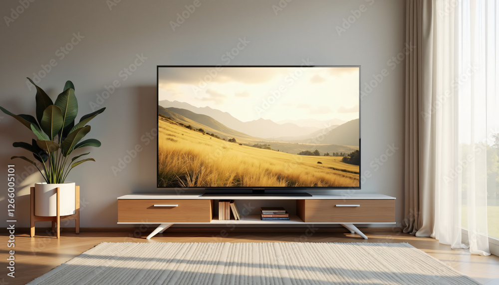 Fototapeta premium Modern living room with TV mockup for interior design and branding