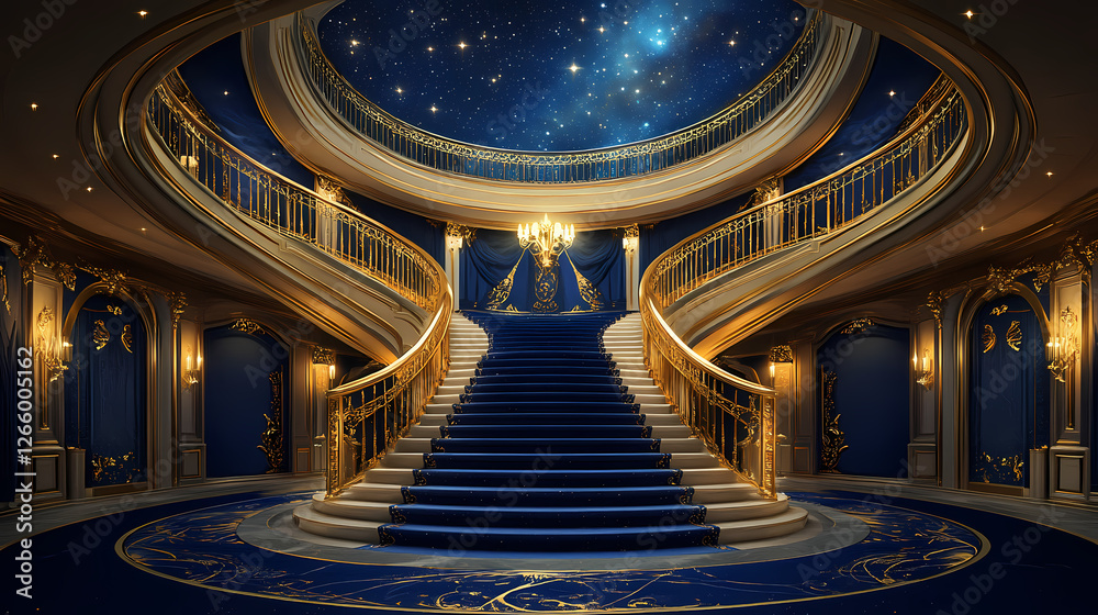Obraz premium Grand, opulent double staircase with gold railings and a navy blue carpet featuring a celestial design, under a circular ceiling with a starry night sky. Celestial Staircases. Illustration