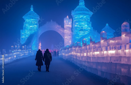 Two people admire illuminated ice sculptures at a vibrant winter festival