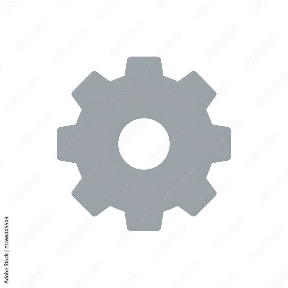 Clean vector illustration of a single cogwheel in metallic gray with precise teeth, centered on white background with subtle shading for depth Clean vector illustration of a single cogwheel in metallic gray with precise teeth, centered on white background with subtle shading for depth
