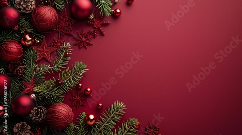 Top view of Christmas decorations on a vinous background with space for text