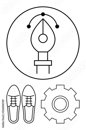 Pen nib symbolizes creativity, shoes represent movement or steps, and gear indicates process optimization. Ideal for design, innovation, workflow, growth, strategy, tools abstract line flat metaphor