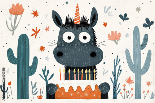 Cute cartoon unicorn horse celebrating a birthday with candles and festive decorations