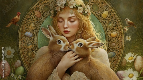 Enchanting Ostara Goddess Holding Two Hares with Decorative Eggs and Floral Crown for Pagan Spring Celebrations, Wiccan Rituals, and Seasonal Spiritual Artwork
